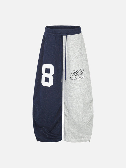 Calça de Moletom Bicolor de Perna Larga com Número 8 - Cinza-azulado / S