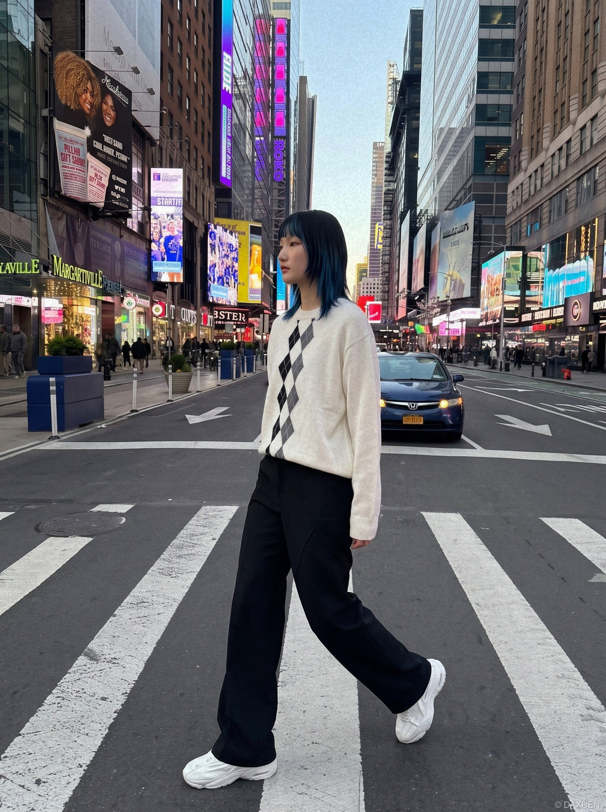DAXUEN grey vertical argyle pattern knit sweater — model photo