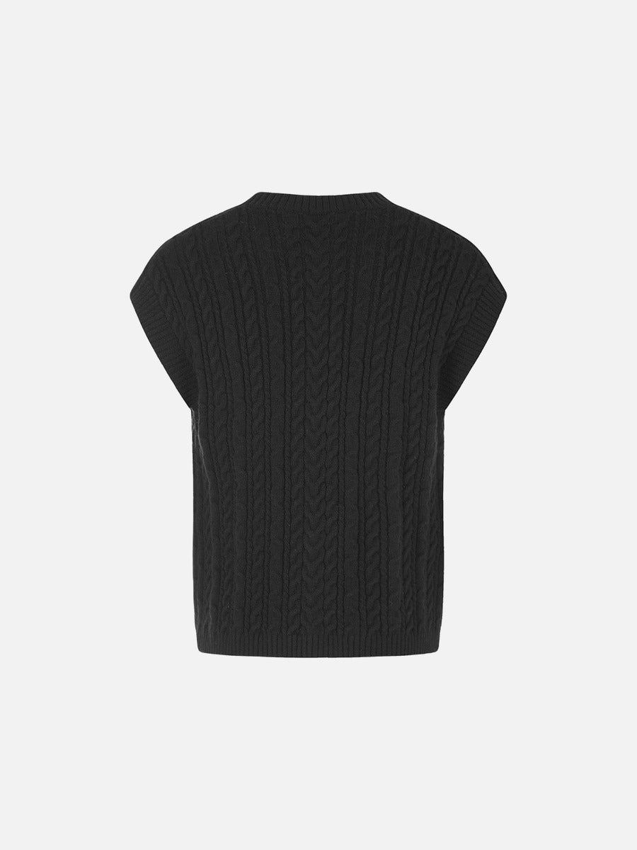 Vertical Cable Knit Black Cardigan Vest