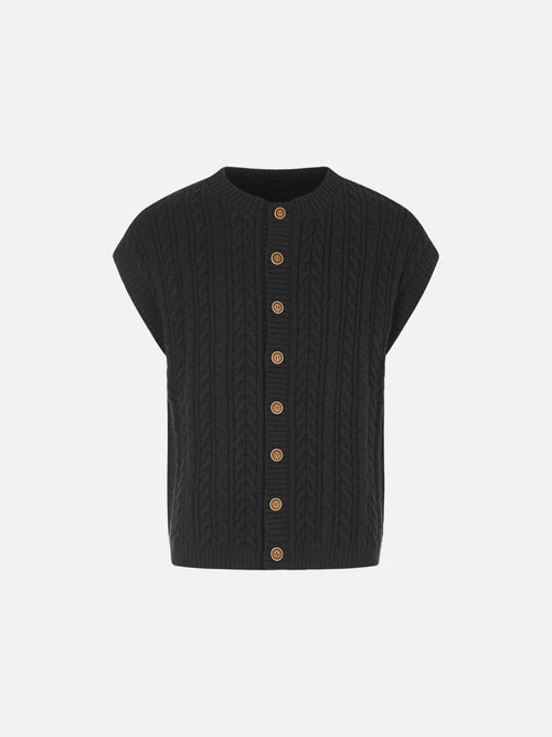 Vertical Cable Knit Black Cardigan Vest - Black / M