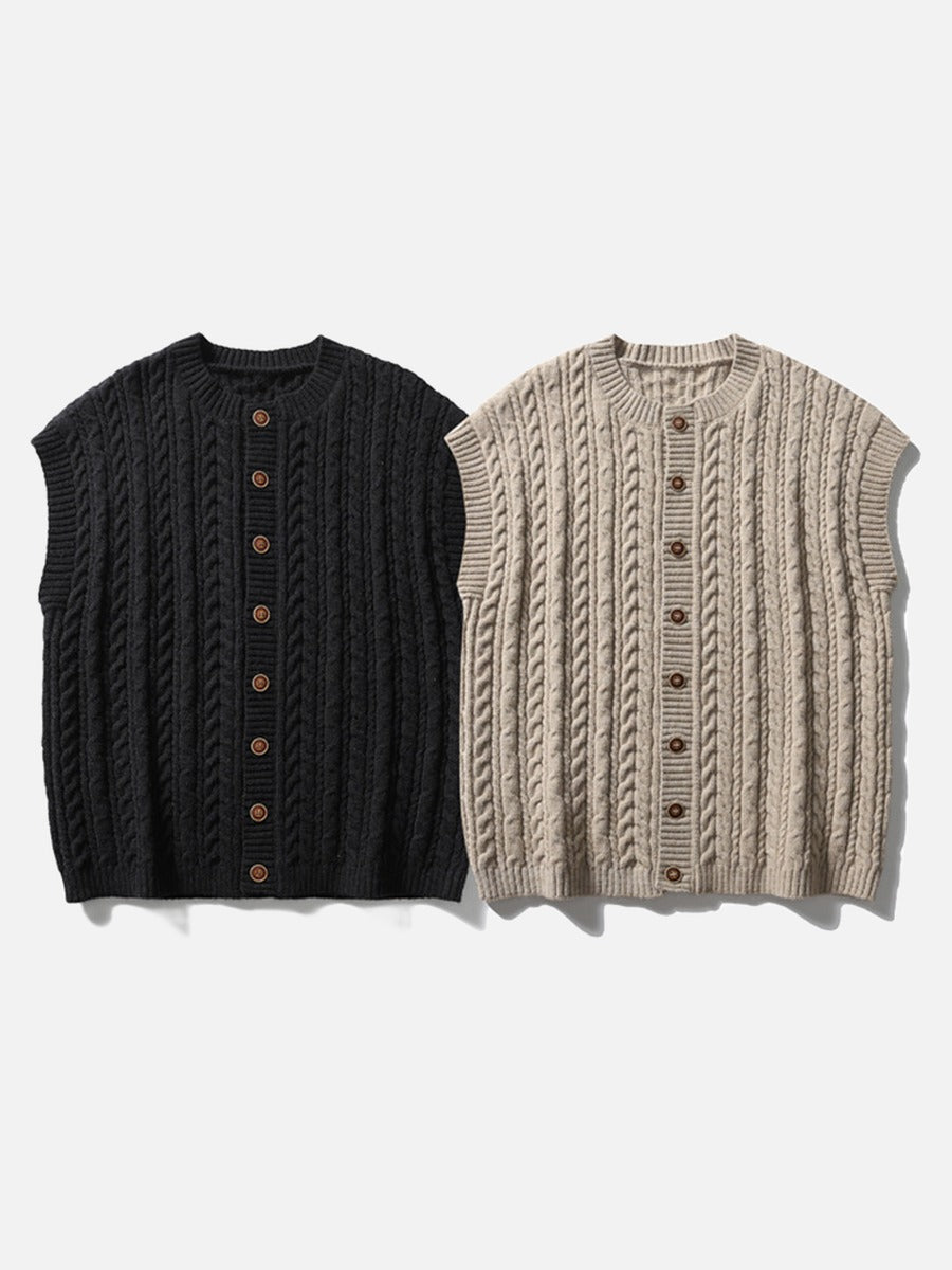 Vertical Cable Knit Black Cardigan Vest