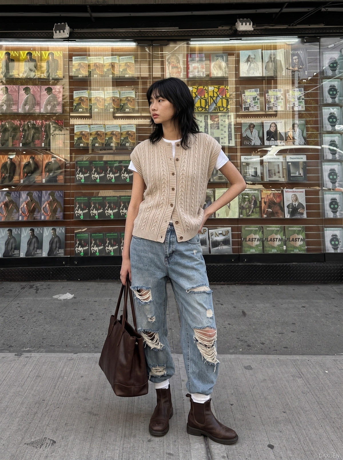 Vertical Cable Knit Black Cardigan Vest
