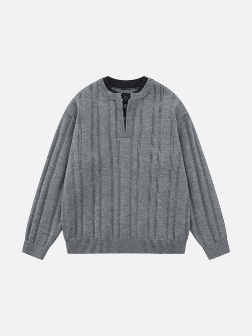 Vertical Ribbed Henley Knit Sweater - Grey / S