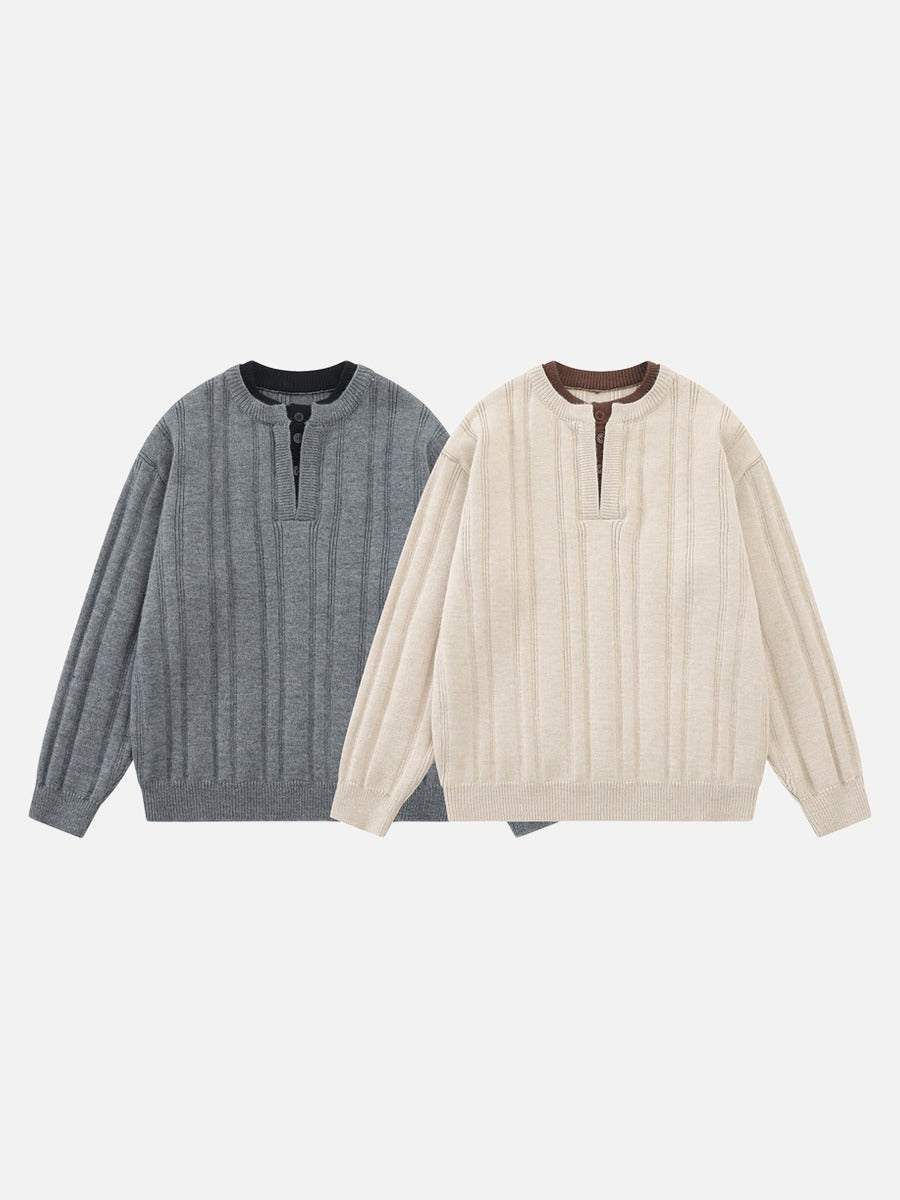 Vertical Ribbed Henley Knit Sweater
