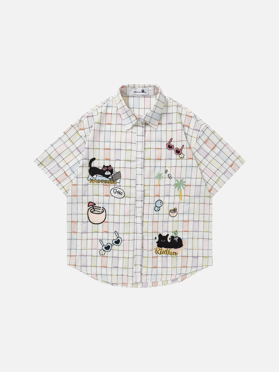 Vibrant Plaid Embroidered Short-Sleeved Shirt
