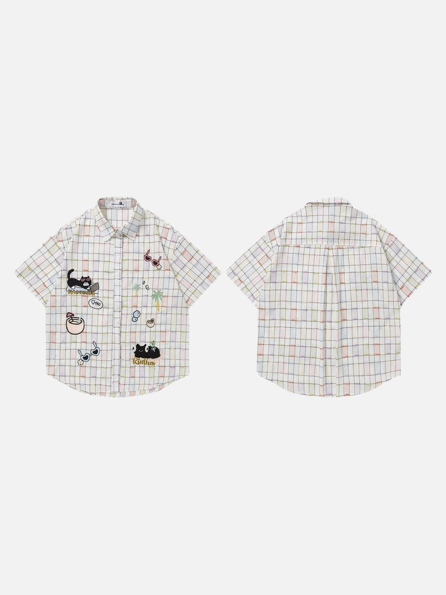 Vibrant Plaid Embroidered Short-Sleeved Shirt