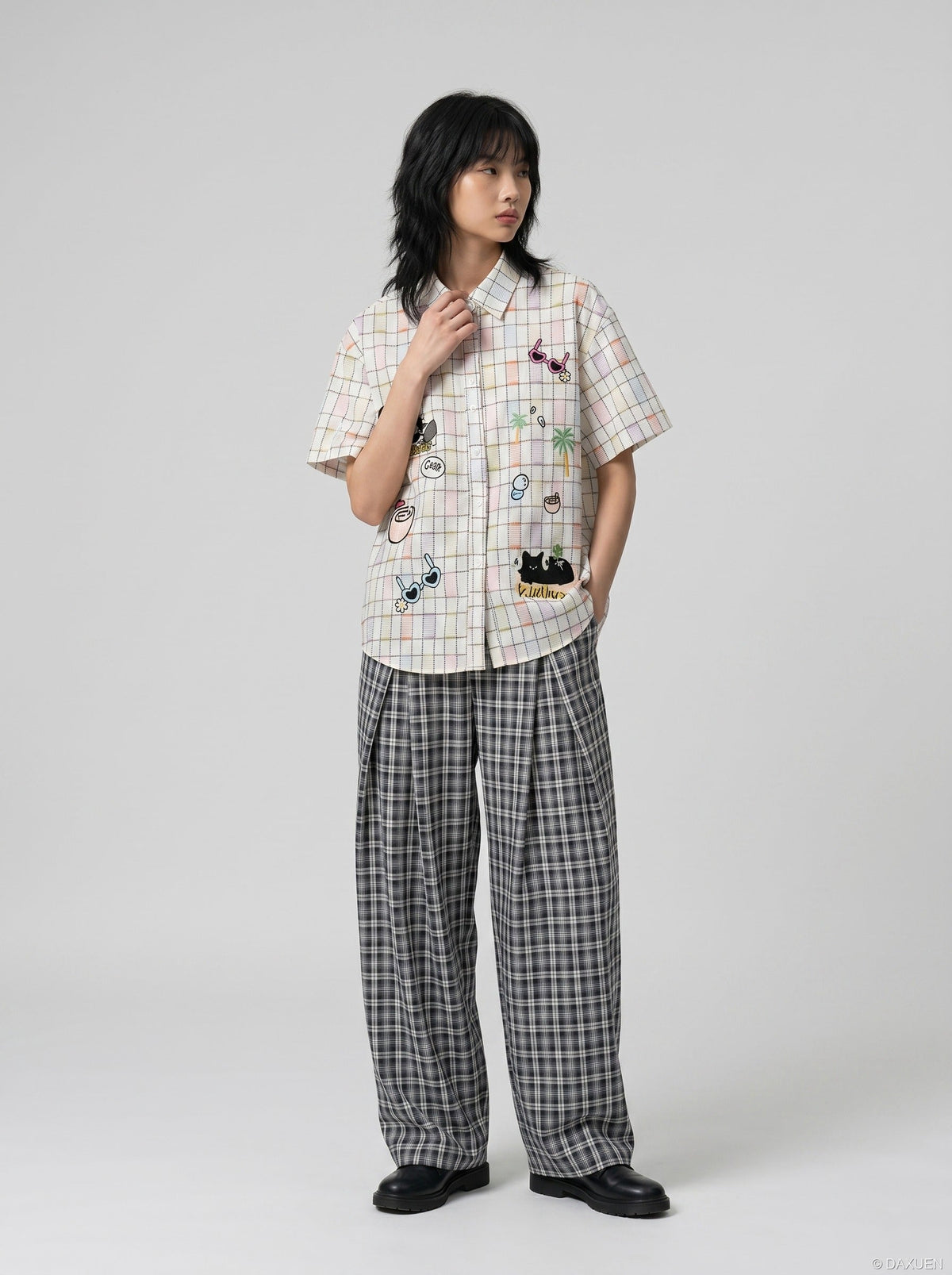 Vibrant Plaid Embroidered Short-Sleeved Shirt