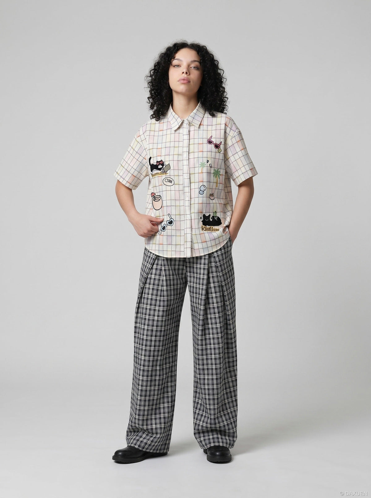 Vibrant Plaid Embroidered Short-Sleeved Shirt