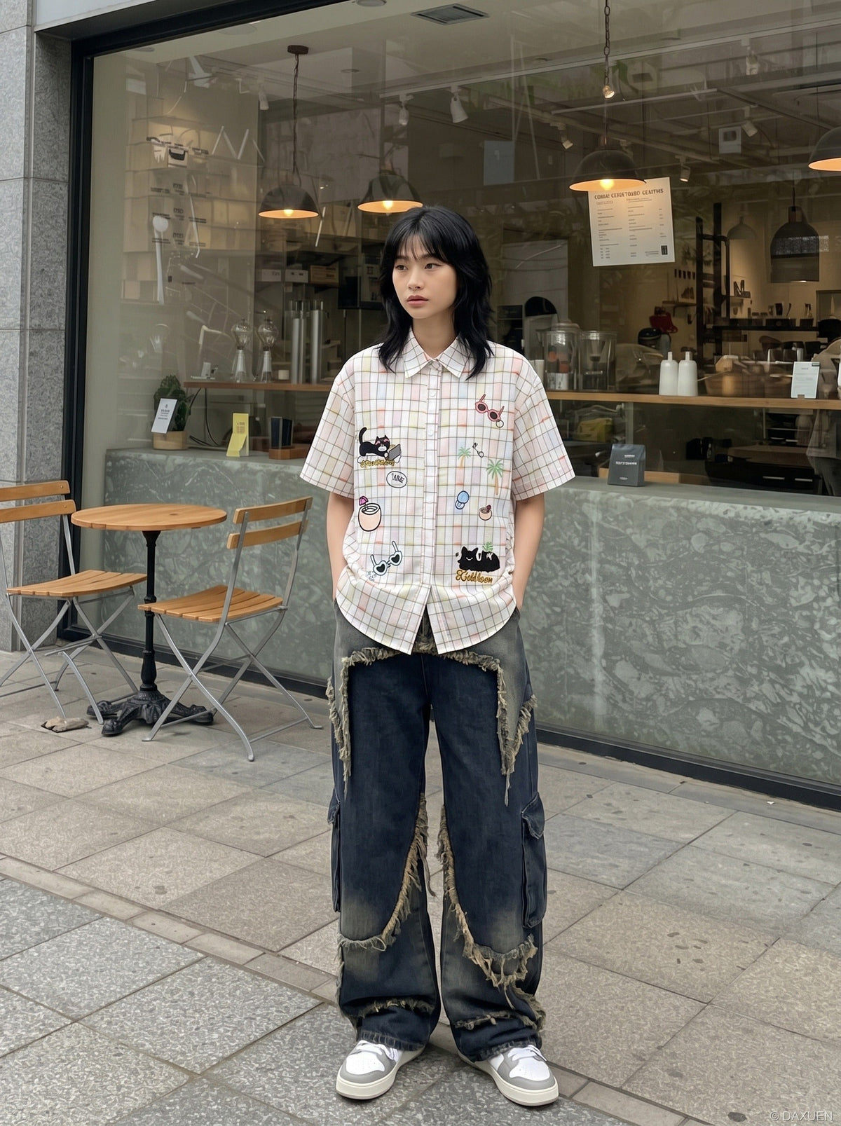 Vibrant Plaid Embroidered Short-Sleeved Shirt