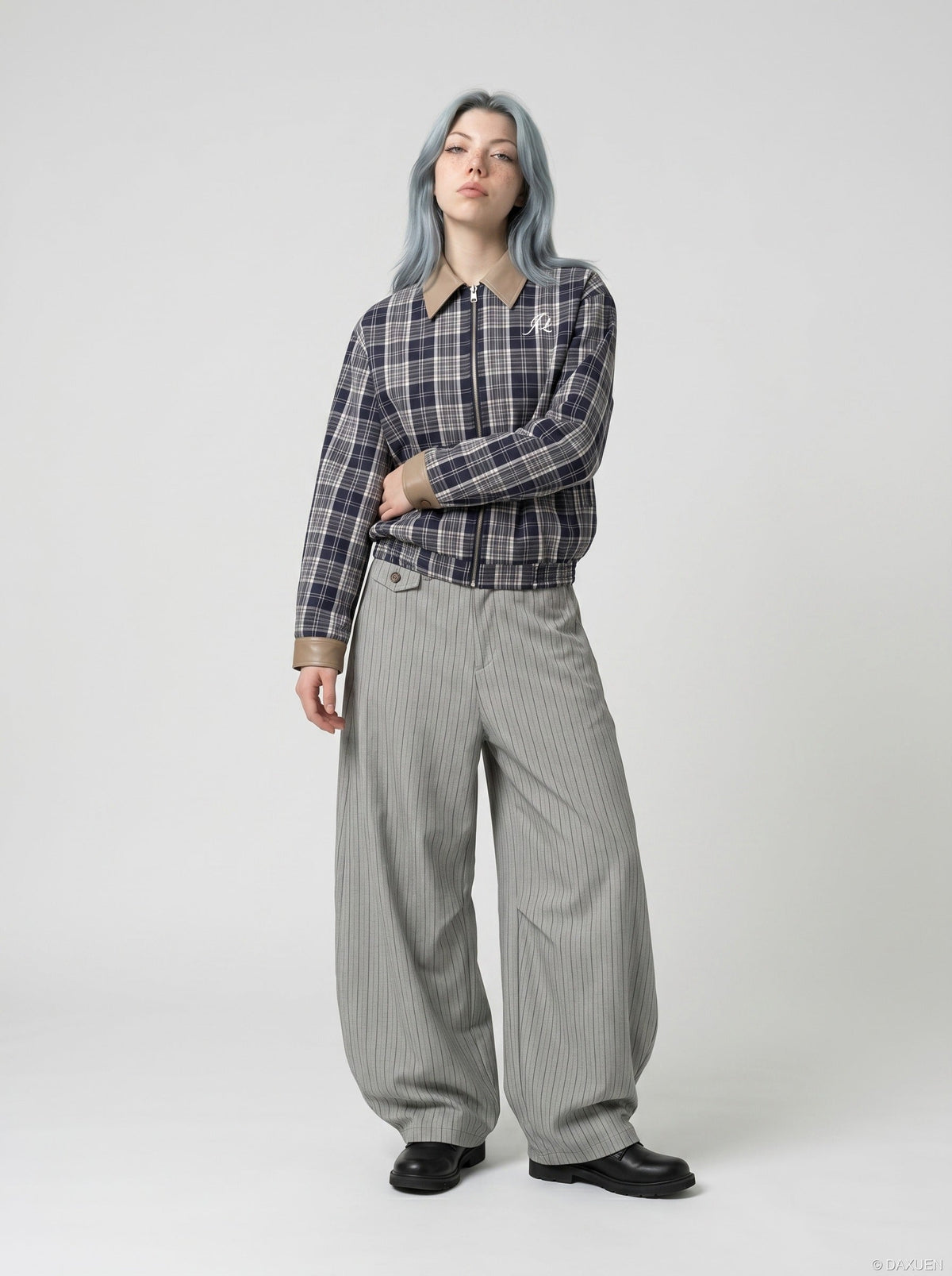 DAXUEN Light grey wide-leg trousers with pinstripes — model photo