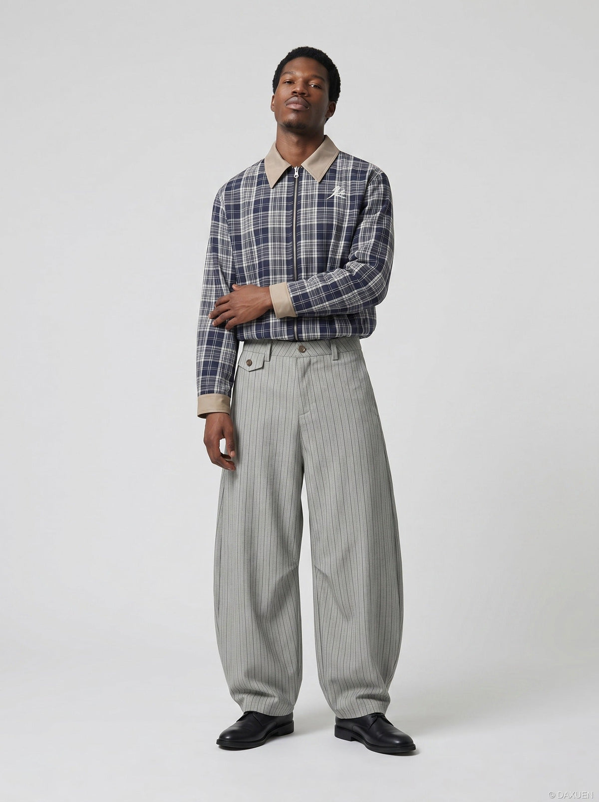 DAXUEN Light grey wide-leg trousers with pinstripes — model photo