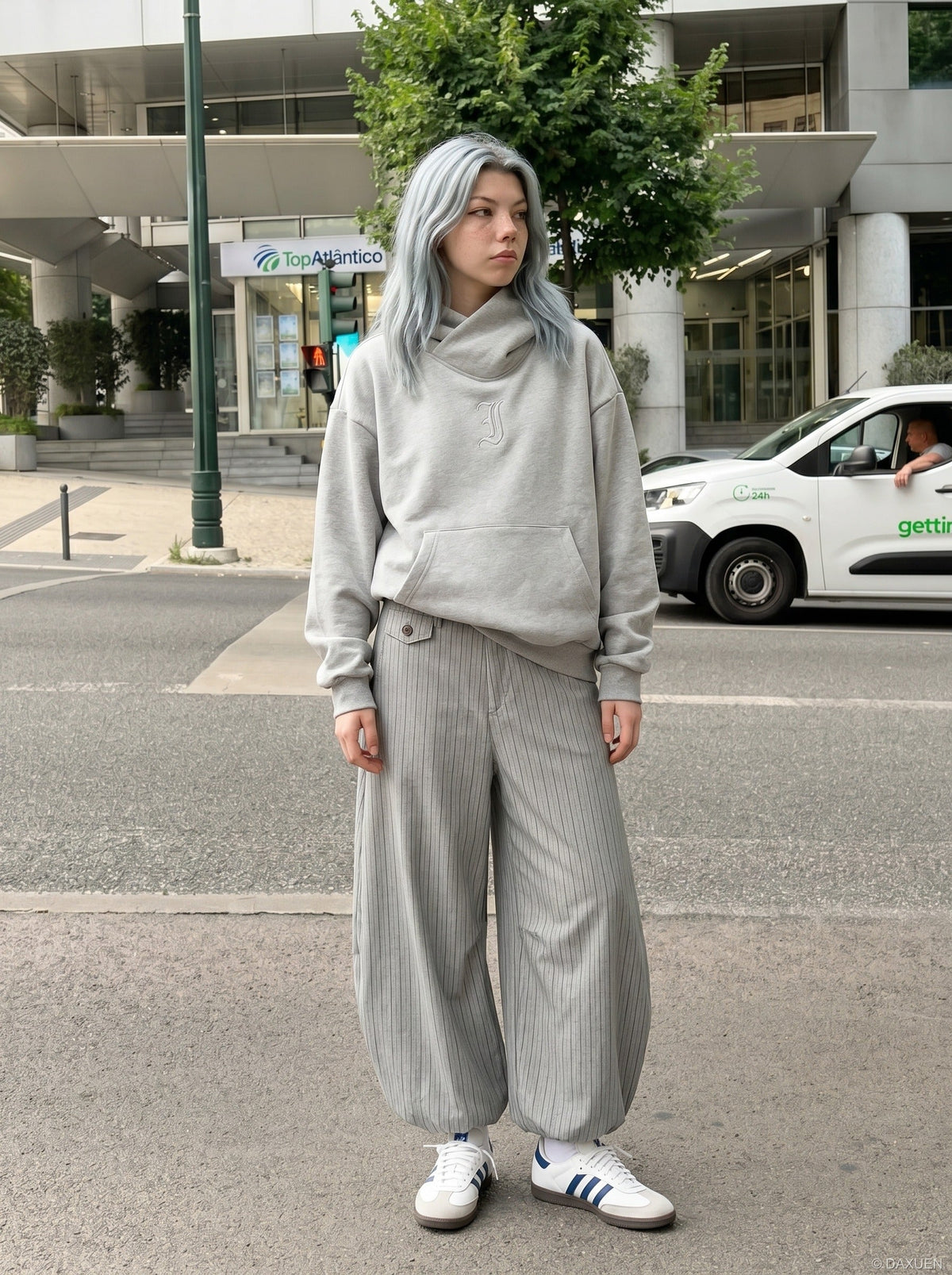 DAXUEN Light grey wide-leg trousers with pinstripes — model photo