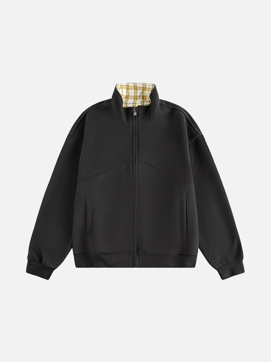 Contrast Plaid Mock Neck Zip-Up Jacket