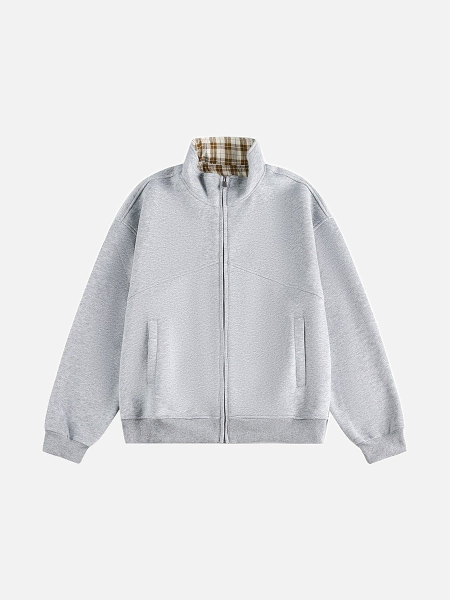 Contrast Plaid Mock Neck Zip-Up Jacket