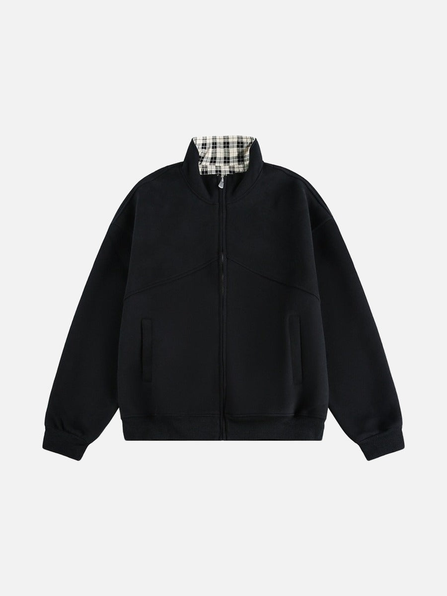 Contrast Plaid Mock Neck Zip-Up Jacket