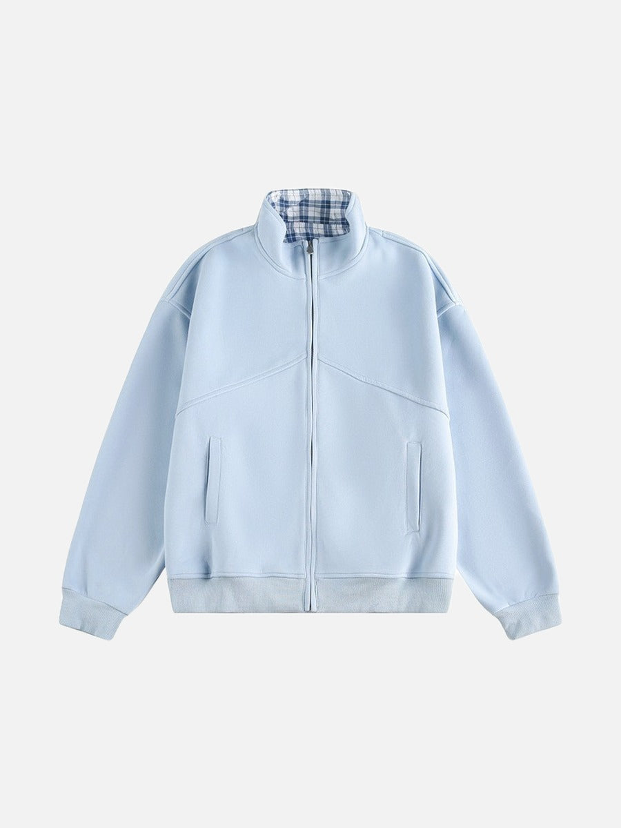 Contrast Plaid Mock Neck Zip-Up Jacket
