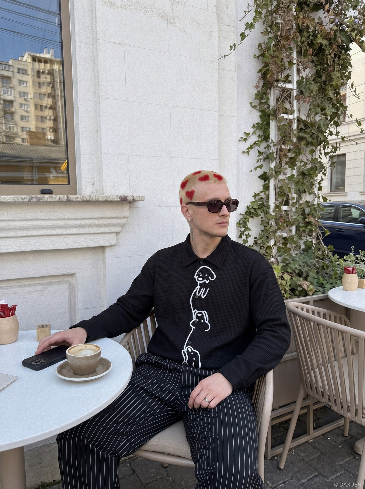 DAXUEN white waffle knit cartoon dog graphic shirt — model photo