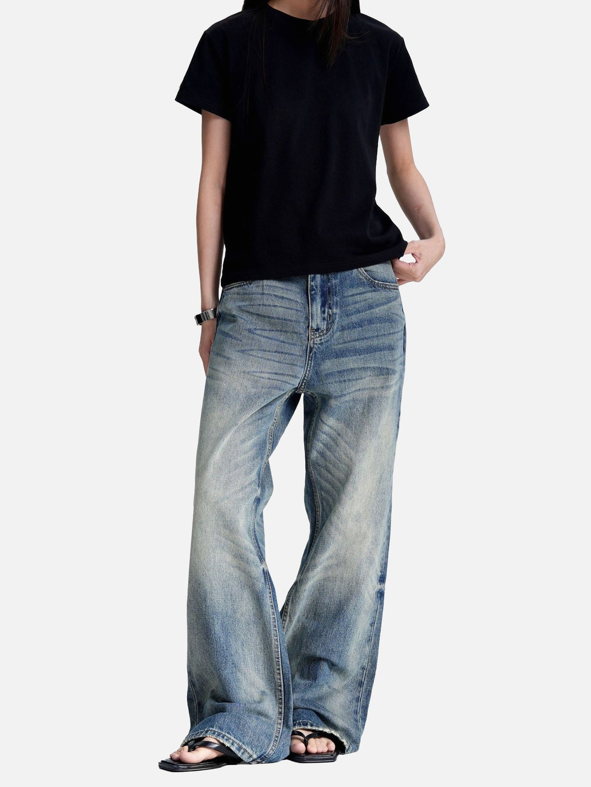 Washed Blue Wide-Leg Denim Jeans