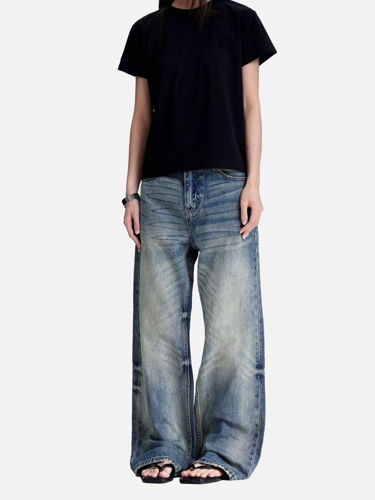 Washed Blue Wide-Leg Denim Jeans