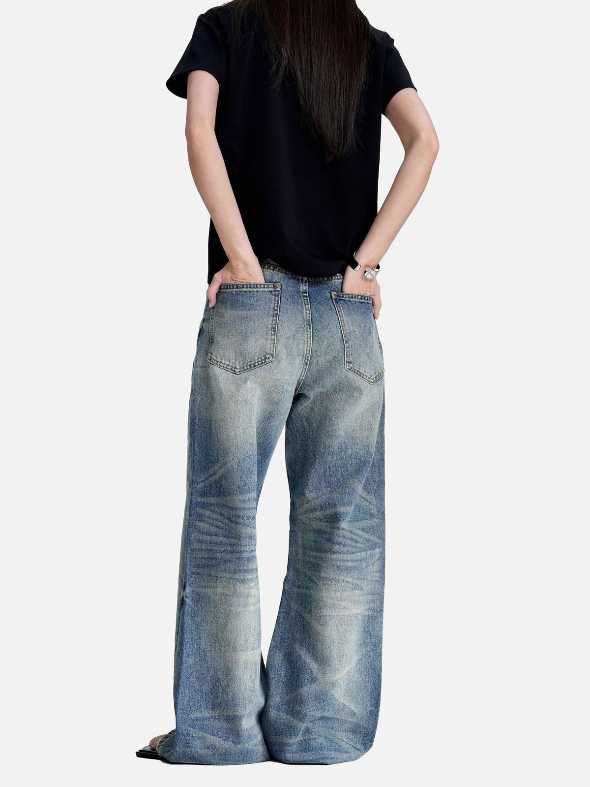 Washed Blue Wide-Leg Denim Jeans