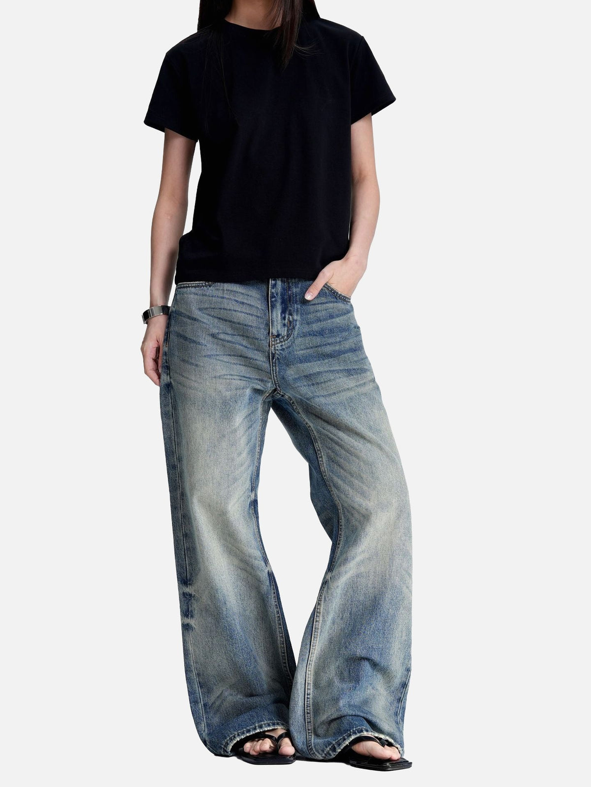 Washed Blue Wide-Leg Denim Jeans