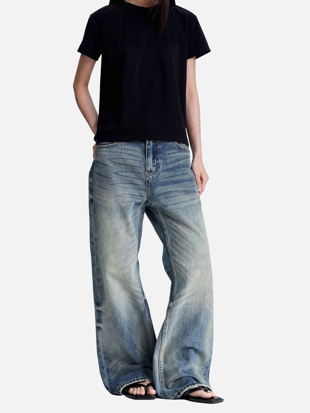 Washed Blue Wide-Leg Denim Jeans