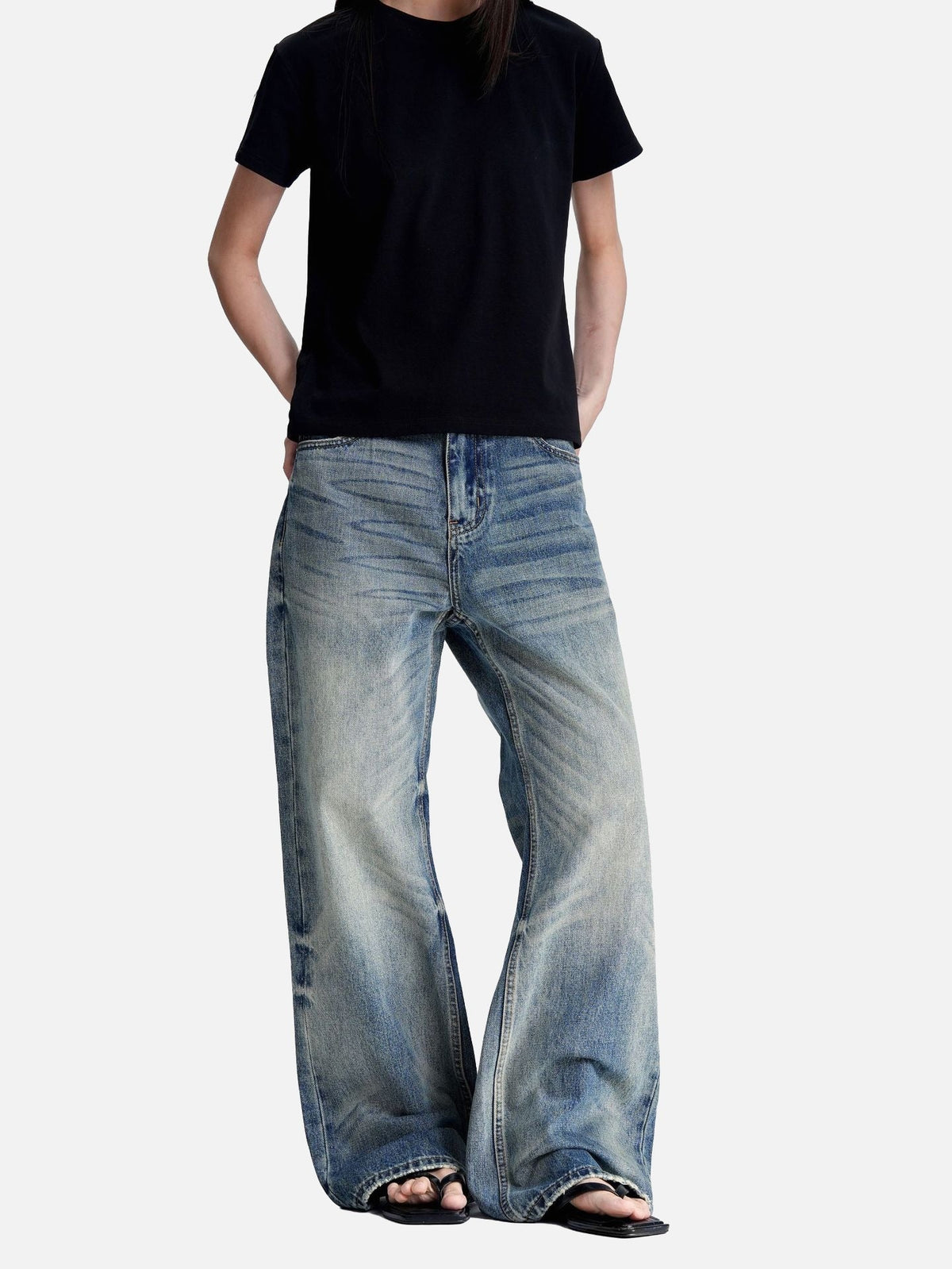 Washed Blue Wide-Leg Denim Jeans