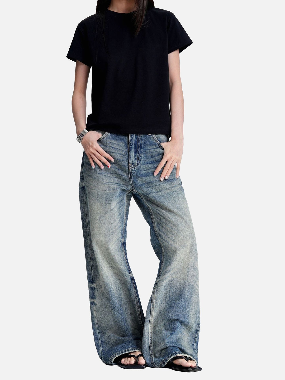 Washed Blue Wide-Leg Denim Jeans