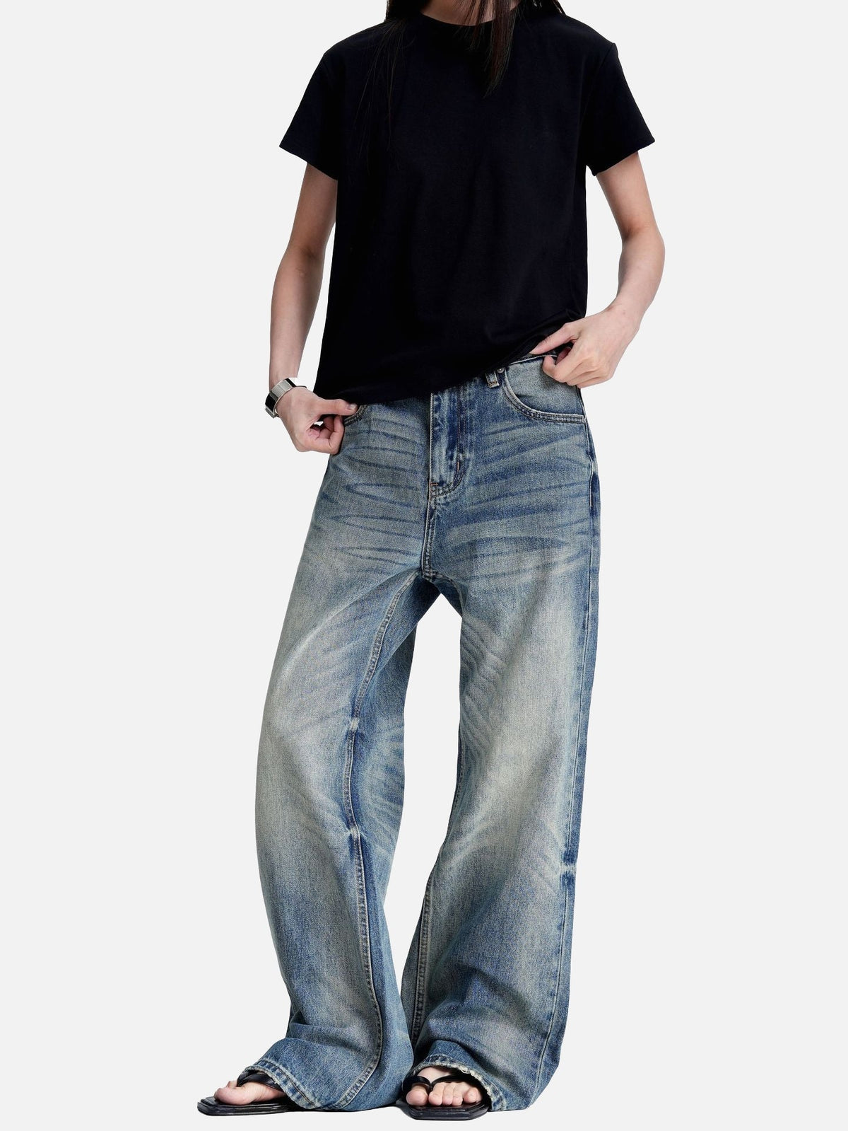 Washed Blue Wide-Leg Denim Jeans