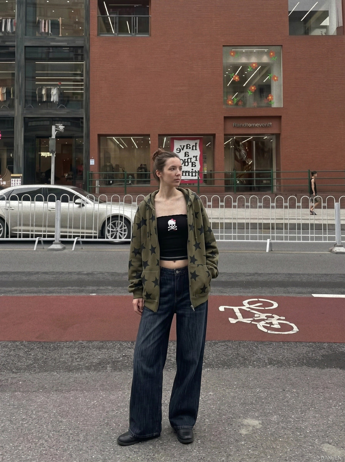 DAXUEN dark blue washed wide-leg jeans — model photo