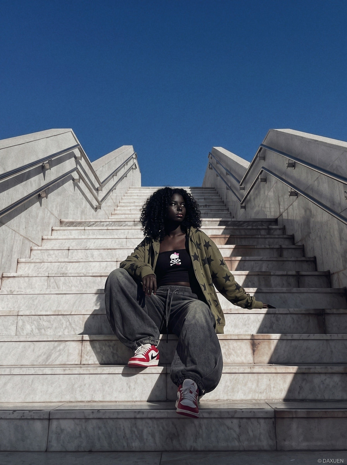 DAXUEN washed dark grey balloon pants — model photo