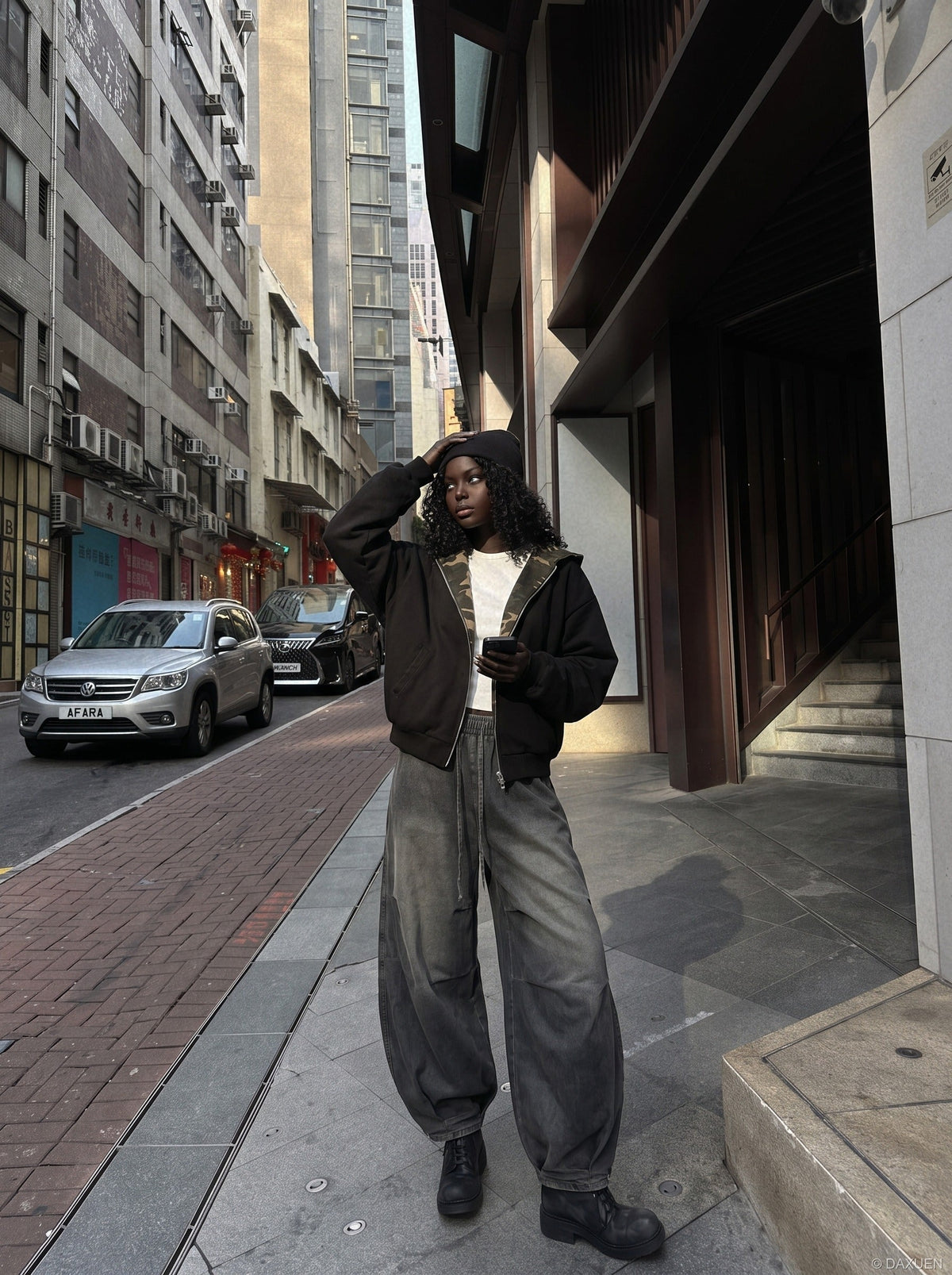 DAXUEN washed dark grey balloon pants — model photo