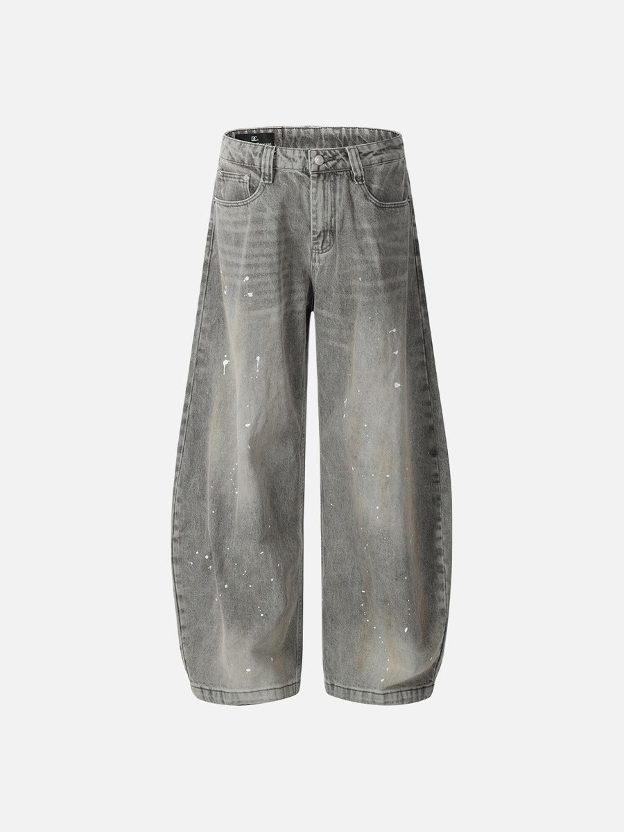 Washed Gray Paint-Splatter Balloon Jeans