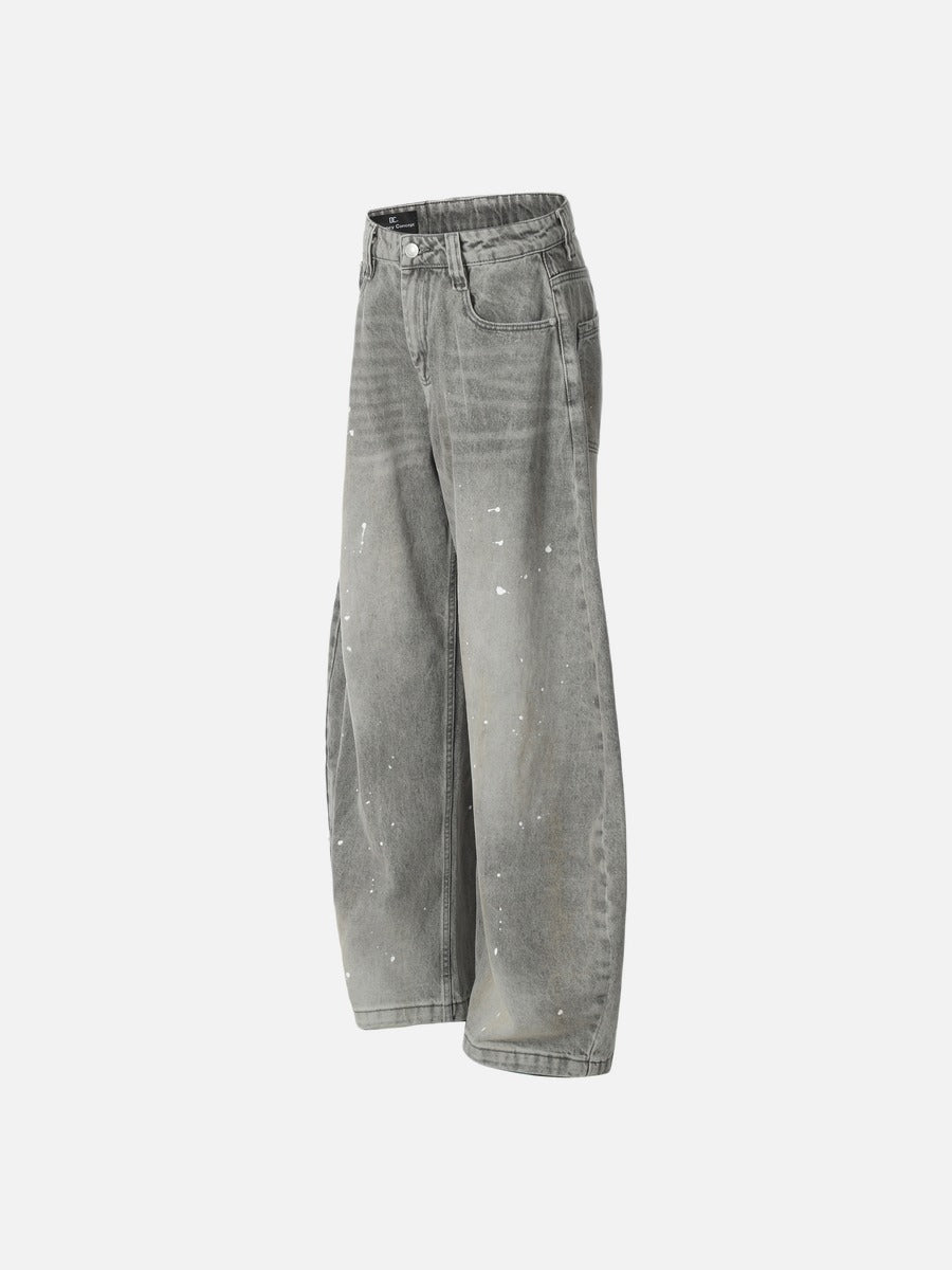 Washed Gray Paint-Splatter Balloon Jeans