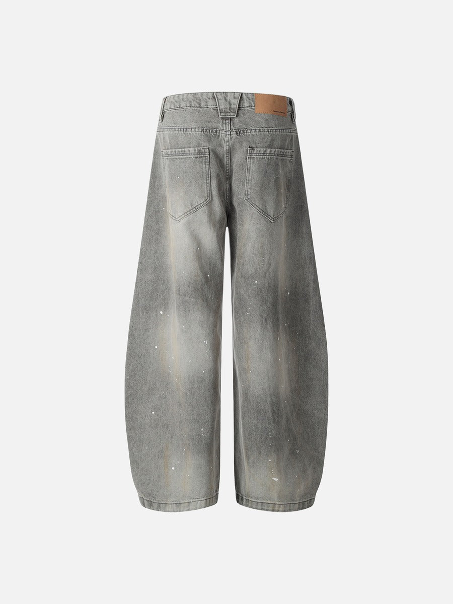 Washed Gray Paint-Splatter Balloon Jeans