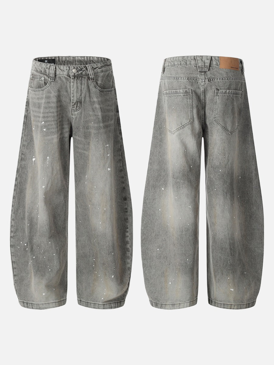Washed Gray Paint-Splatter Balloon Jeans