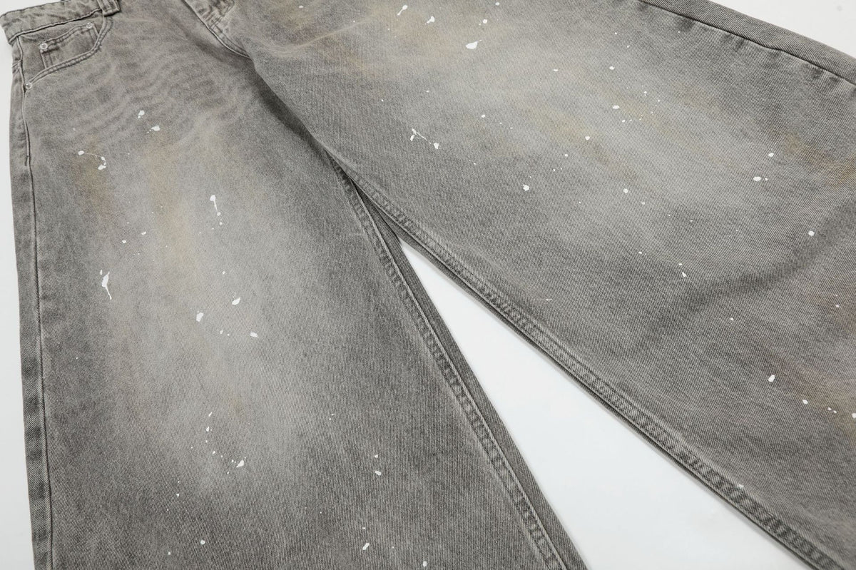 Washed Gray Paint-Splatter Balloon Jeans