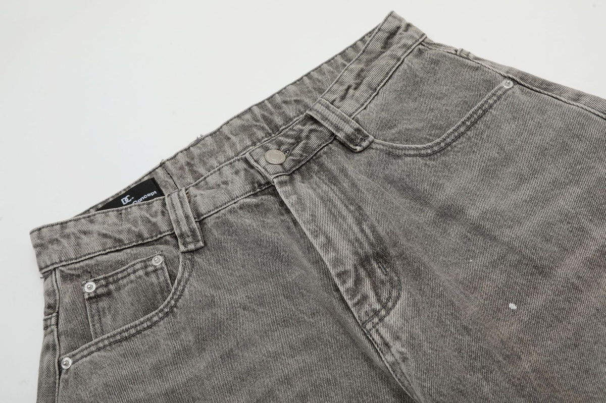 Washed Gray Paint-Splatter Balloon Jeans
