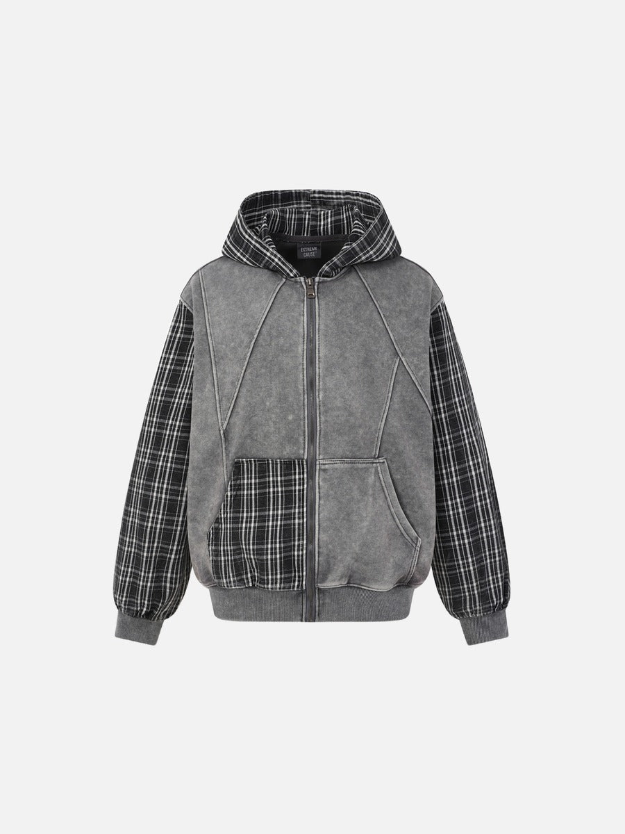 DAXUEN washed grey oversized plaid graphic jacket