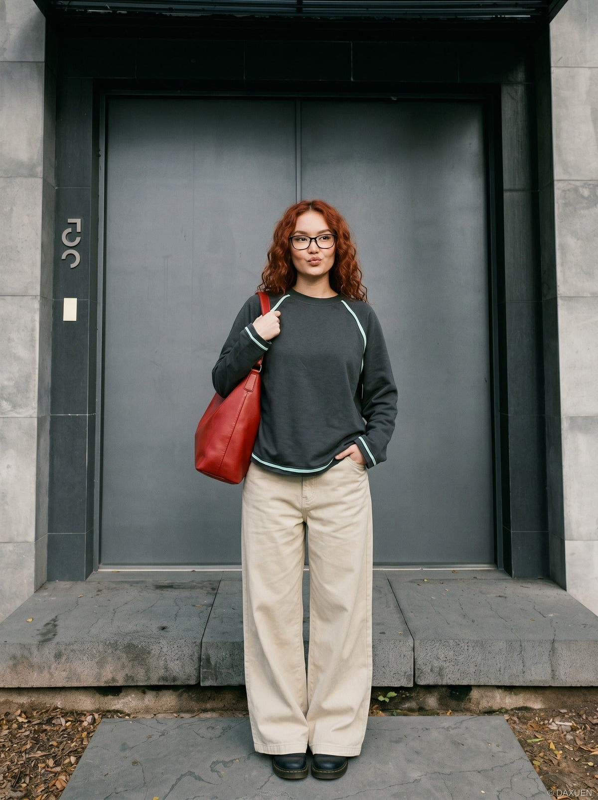 DAXUEN light beige wide-leg trousers — model photo