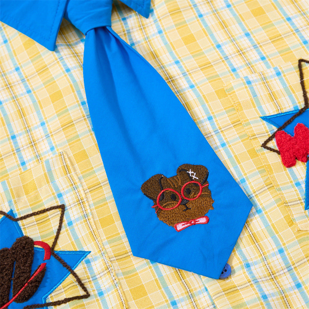 Chemise-cravate à carreaux jaune et bleu pour chien
