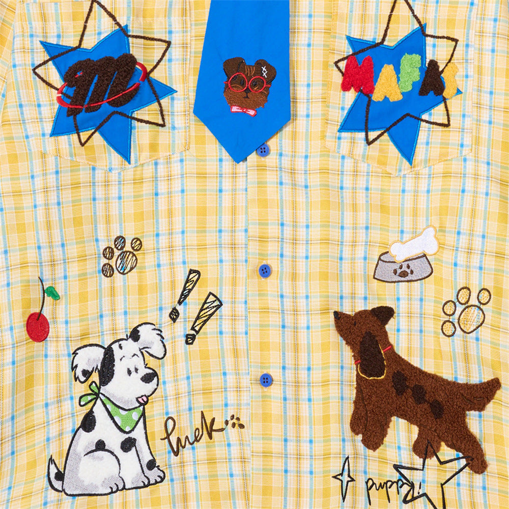 Chemise-cravate à carreaux jaune et bleu pour chien