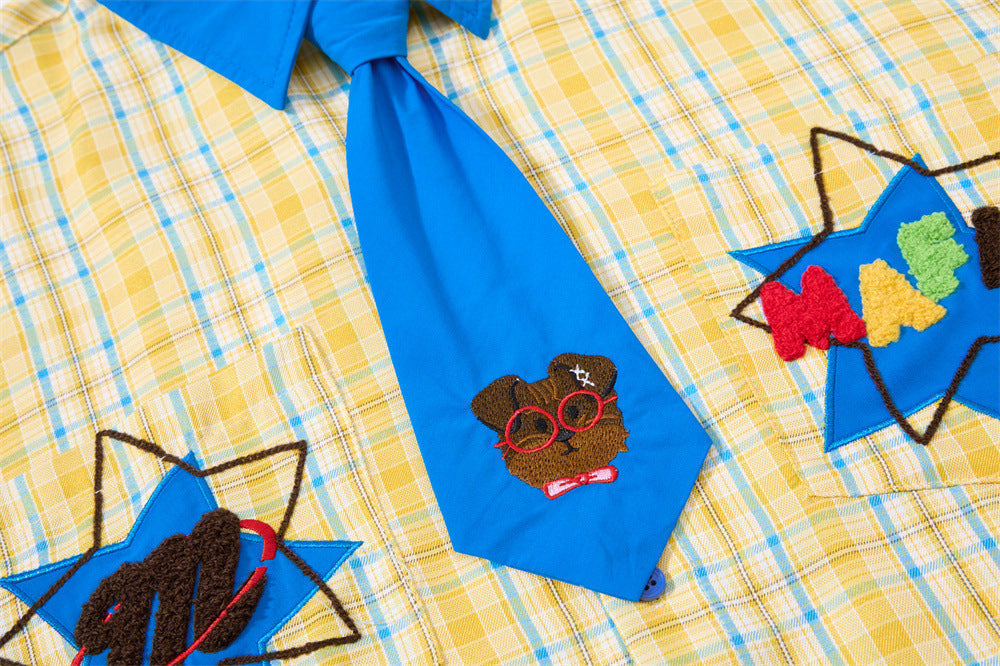 Chemise-cravate à carreaux jaune et bleu pour chien