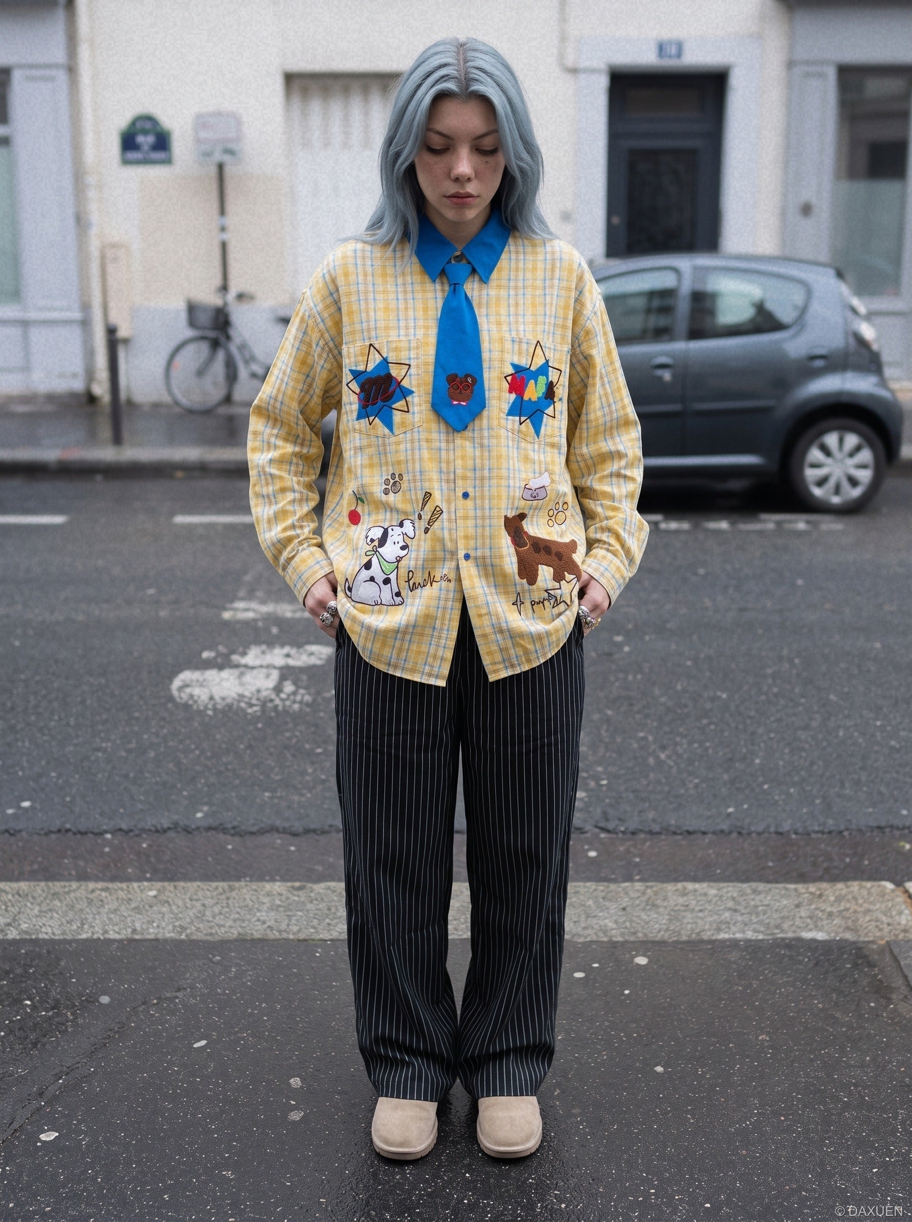 Chemise-cravate à carreaux jaune et bleu pour chien