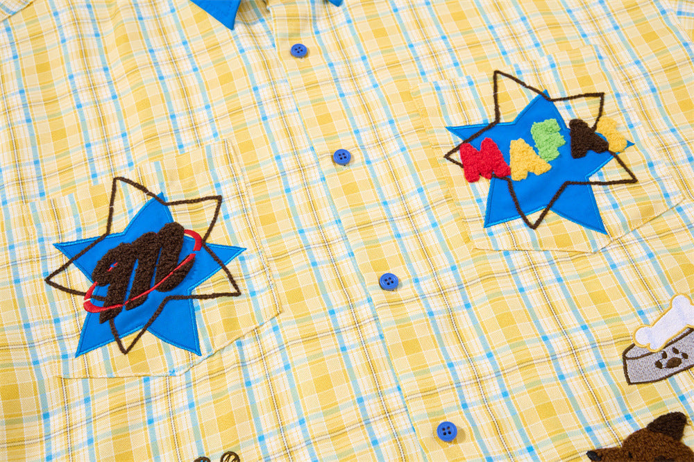 Chemise-cravate à carreaux jaune et bleu pour chien