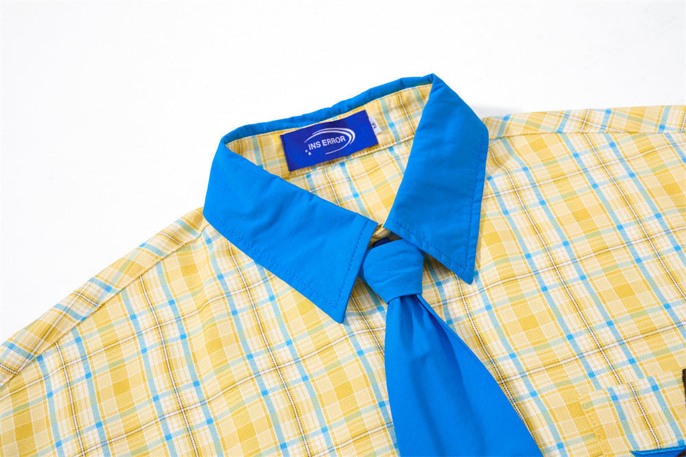 Chemise-cravate à carreaux jaune et bleu pour chien