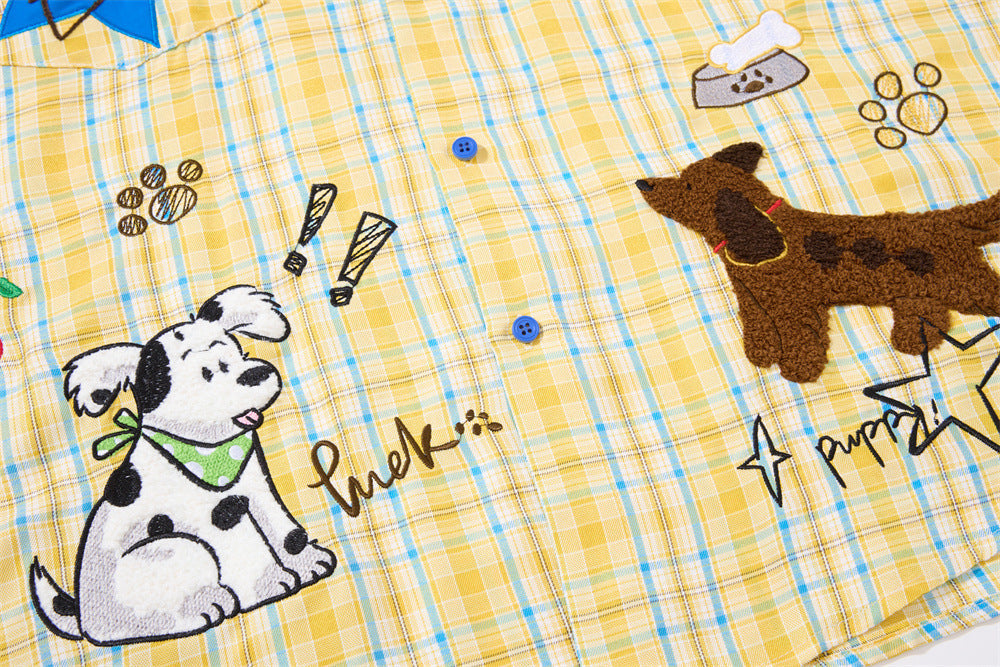 Chemise-cravate à carreaux jaune et bleu pour chien