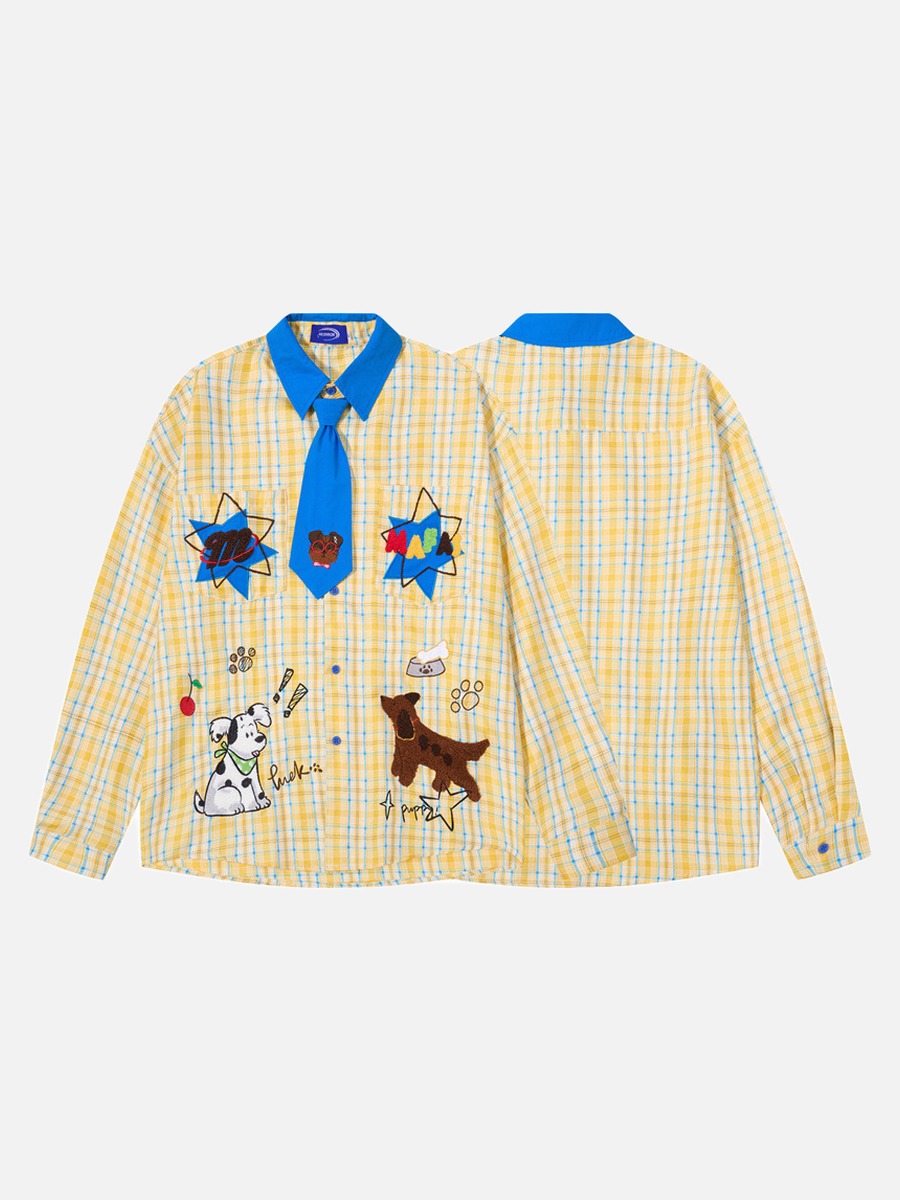 Chemise-cravate à carreaux jaune et bleu pour chien