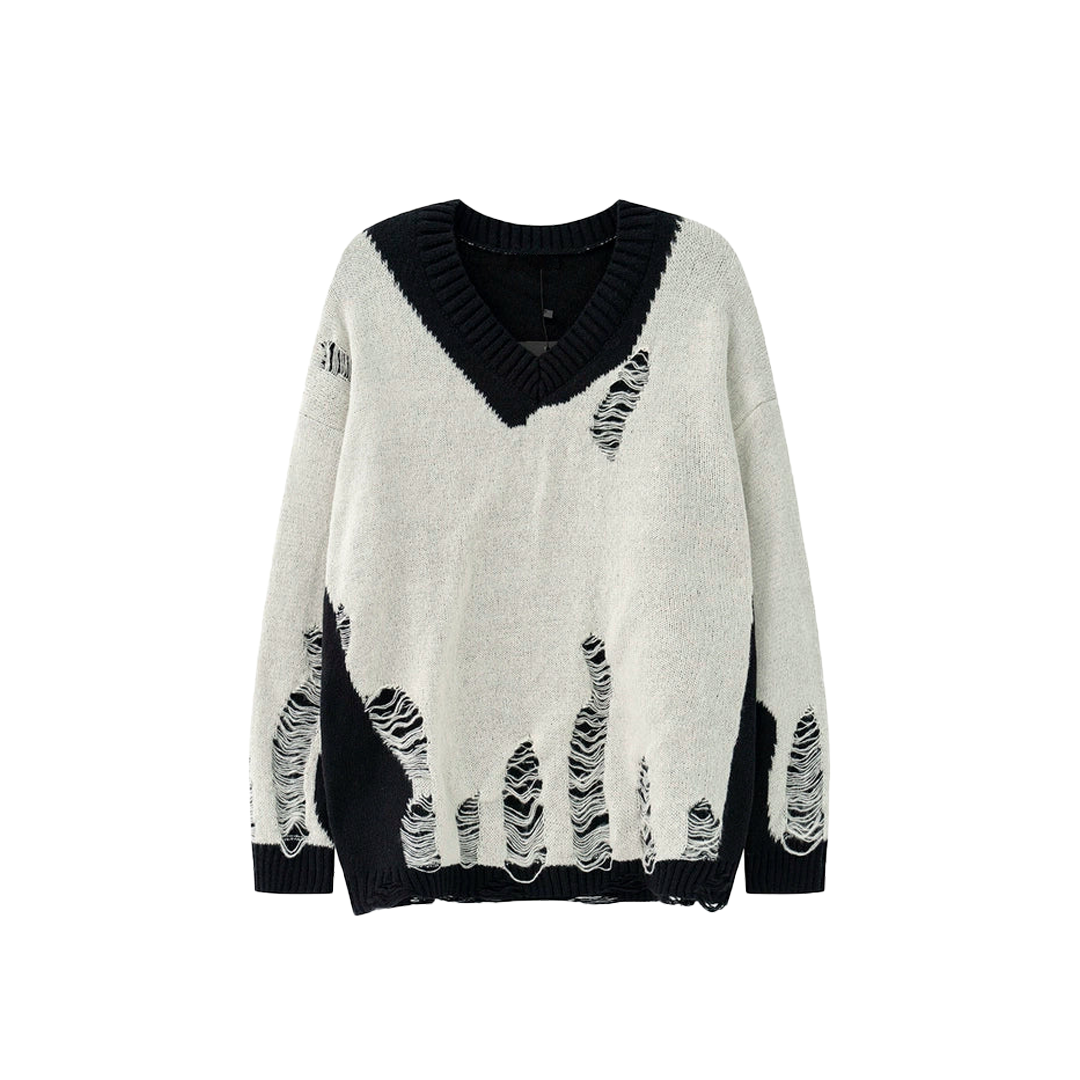 Distressed Two-Tone V-Neck Sweater