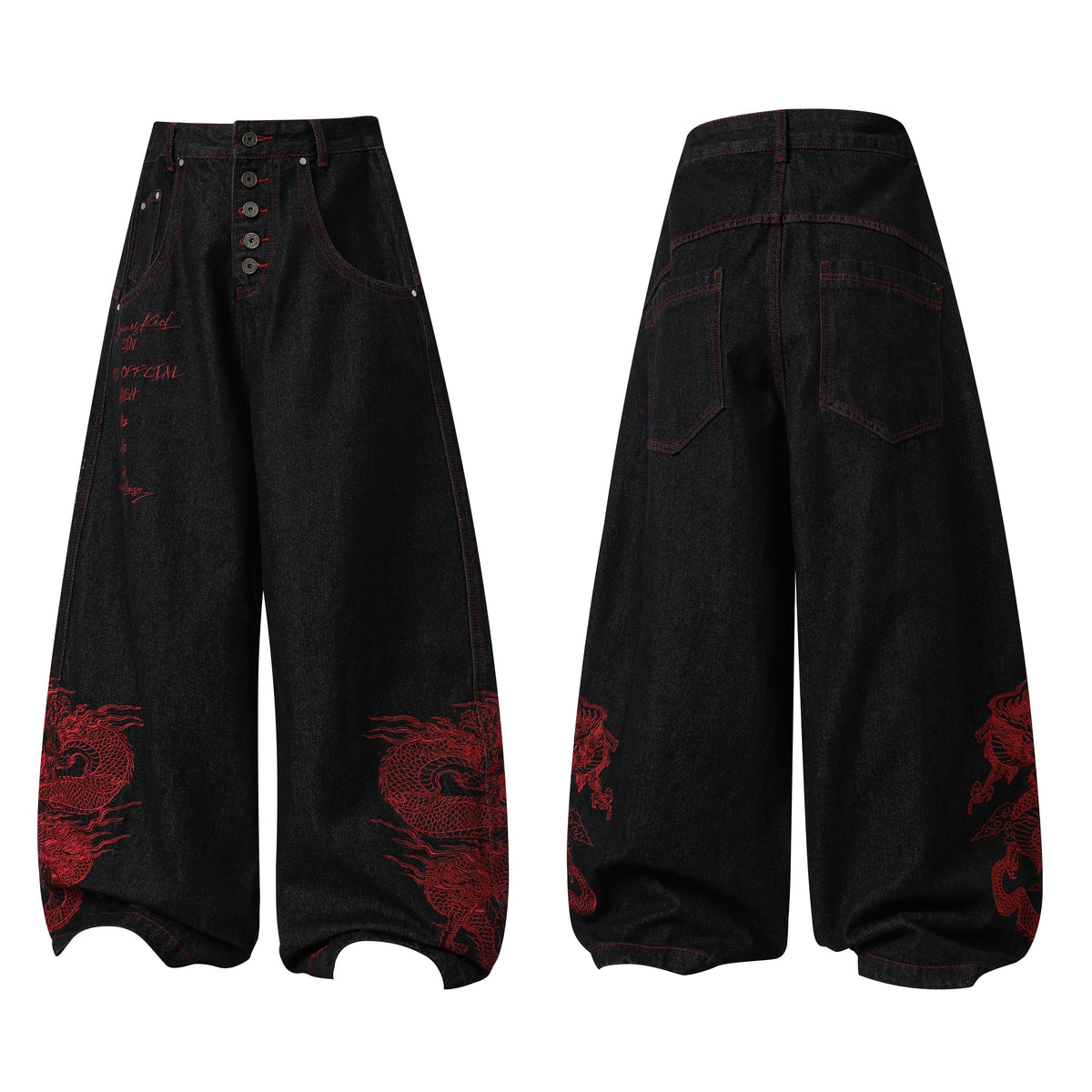 Pantalon en jean large brodé dragon Madxmarx